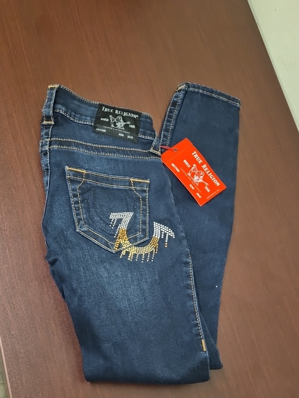 True Religion Women’s Dark Blue Skinny Jeans with Crystal Accent Size 24